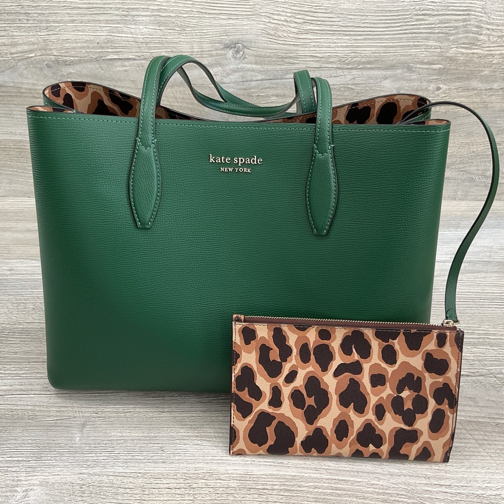 NWOT Kate Spade Emerald Green Bleecker Tote w/ Leopard print interior and Pouch